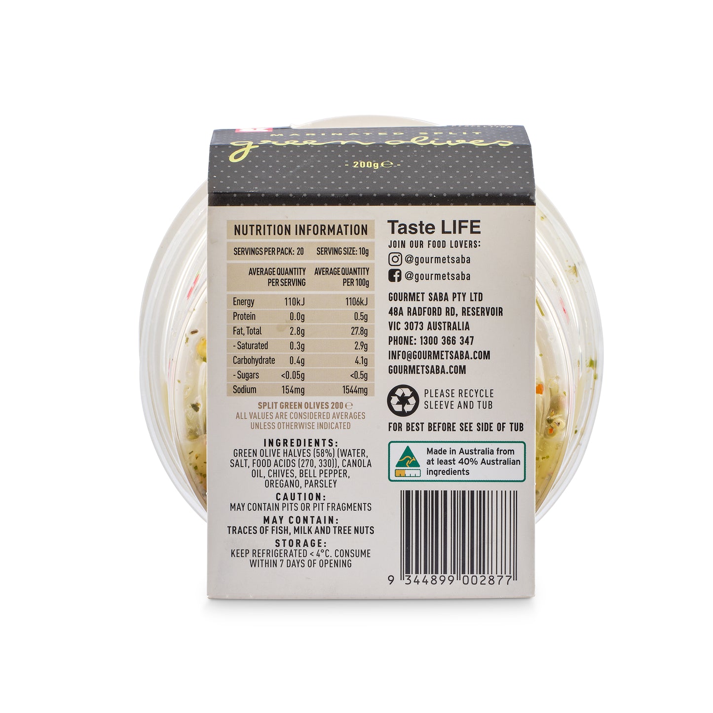 Marinated Green Split Olives 200g